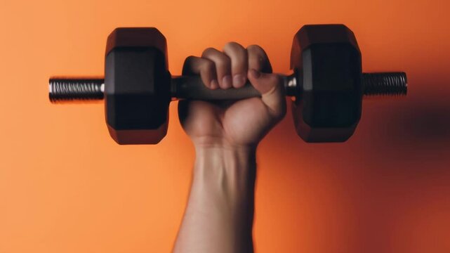 Strong male hand lifting dumbbell against vibrant orange background, symbolizing fitness, strength training, and active lifestyle