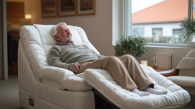 Senior man relaxing on reclining chair in cozy living room, peaceful and comfortable home setting. Retirement lifestyle with rest, tranquility, and self-care in a bright indoor environment