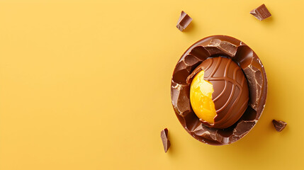 Boiled chicken egg in chocolate shell on yellow background. Top view. Easter concept.