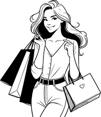 Stylized Illustration of a Happy Young Woman Enjoying Her Shopping Trip. Woman is holding several shopping bags. Shopaholic Joy
