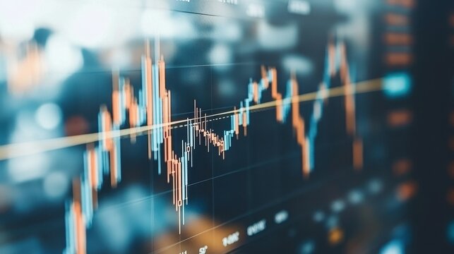 A graph with red and orange lines is displayed on a computer screen. The graph shows a fluctuation in the stock market, with the red line representing a decrease in value
