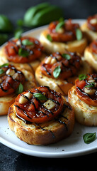 Close-up of toasted bread topped with tomatoes, mozzarella, balsamic glaze, and basil.