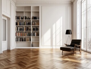 Fototapeta premium A spacious living room with a large bookshelf, a leather armchair, and a large window. The room is decorated in a modern style with a light color palette.