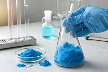 scientist hand with glove hold beaker of copper sulfate