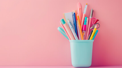 Holder with assorted stationery against a pink background.