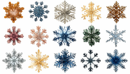 Collection of twelve unique watercolor snowflakes in various colors.