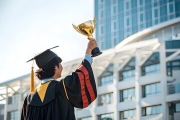 Graduate hold gold trophy at ceremony. Achievement and success