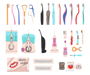 Big set of oral hygiene products. Different toothbrushes, irrigators, dental floss, whitening strips, children's oral cleansers. Children's and adult teeth cleaning accessories. Colorful vector set