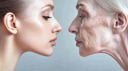 Fototapeta premium Two women's faces, one young and one old. The young woman has a smooth, clear face, while the older woman has wrinkles and sagging skin. Concept of aging and the changes that come with it