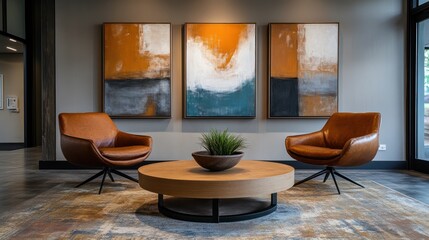 Modern lobby with three abstract paintings, brown leather chairs, and a round wooden coffee table.