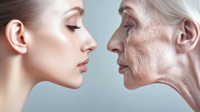 Two women's faces, one young and one old. The young woman has a smooth, clear face, while the older woman has wrinkles and sagging skin. Concept of aging and the changes that come with it