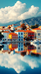 Obraz premium Vibrant Harbor Town, Colorful Buildings Reflect in Calm Waters Under a Dramatic Sky