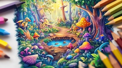 A cheerful pencil drawing of fantasy cartoon characters in a magical forest, bursting with bright colors and intricate details. 