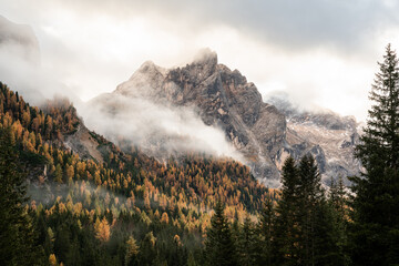 Foggy autumn Dolomite landscape with mountains and larches