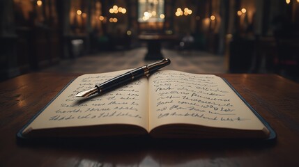 Premium fountain pen with intricate details placed on an open notebook, symbolizing sophistication and elegance