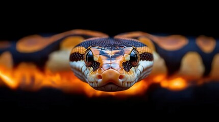 Fototapeta premium A close up of a snake's head with a black background. The snake is a python. The snake's head is surrounded by a bright orange glow, which gives the image a warm and inviting feeling