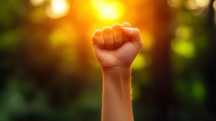 A hand is raised in the air with the fingers spread out, as if to say something. The image has a sense of freedom and empowerment