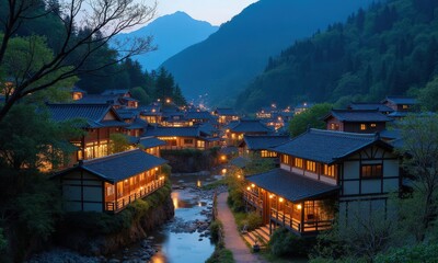 Fototapeta premium Mountain Village at Dusk: Illuminated Houses, River