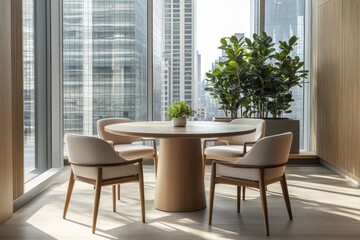 A modern dining room with a round table and four white chairs, overlooking a cityscape.