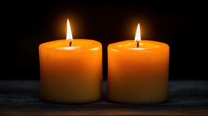 Two candles are lit and placed on a wooden table. The candles are yellow and the table is dark