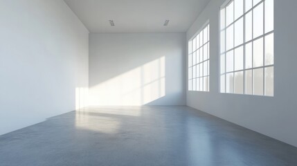 Modern small office interior with white walls and concrete floors, 3d rendering