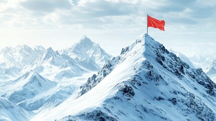 A red flag is standing on top of a snowy mountain, with a pole holding it up. The flag is a bright and bold color, standing out against the white snow. The scene is peaceful and serene