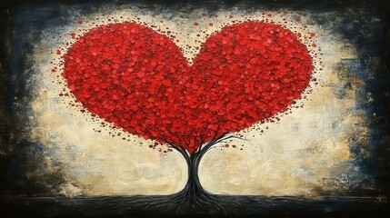 A painting of a tree with a heart on it. The heart is surrounded by red leaves and branches. The painting has a romantic and whimsical mood