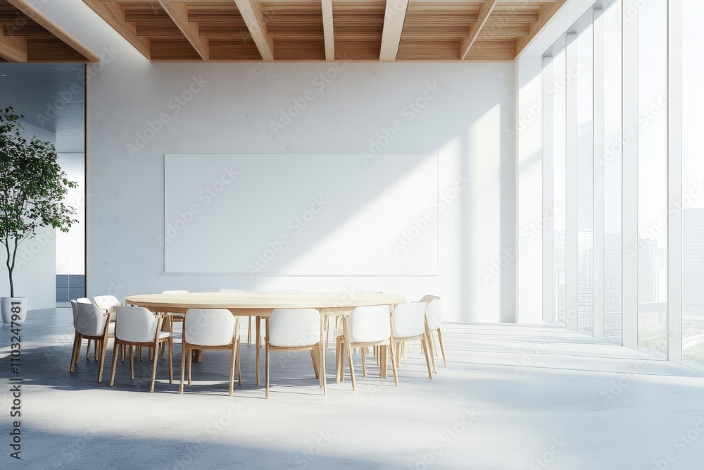 Poster a large, empty conference room with a round table and chairs, a large blank whiteboard, and a view o
