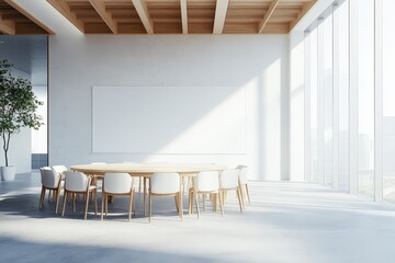 A large, empty conference room with a round table and chairs, a large blank whiteboard, and a view of the city through windows.