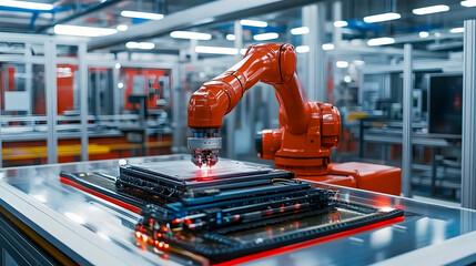 Industrial Robot Arm Precisely Assembling Circuit Board in Factory Setting