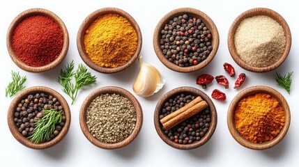 An array of vibrant spices is arranged neatly in bowls, featuring garlic, ginger, red paprika, and assorted herbs on a clean white background.