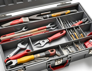 Closeup of a construction painter's metal toolbox with compartments open, displaying tools inside, on a white background Generative AI
