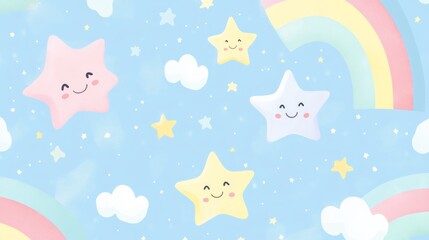 Pastel Sky Pattern with Stars and Clouds
