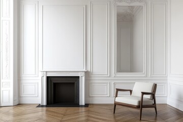 A white armchair sits in a minimalist living room with a fireplace and a large mirror. The room is decorated with white walls and ornate molding, and the floor is made of dark hardwood.