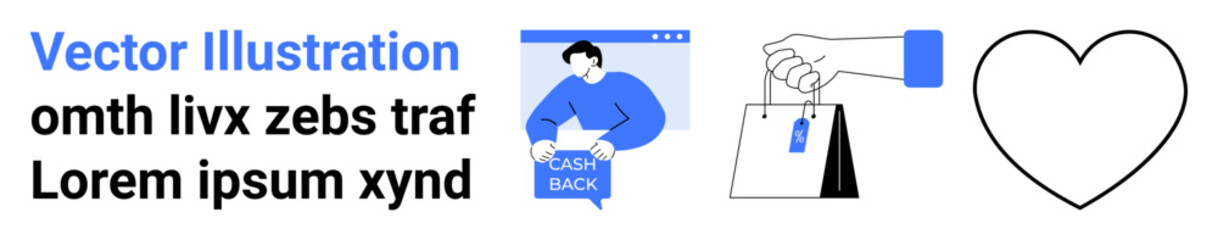 Cashback popup, hand holding shopping bags with a tag, and outlined heart shape. Ideal for marketing, eCommerce, promotions, shopping experiences, customer loyalty programs, online businesses, mobile