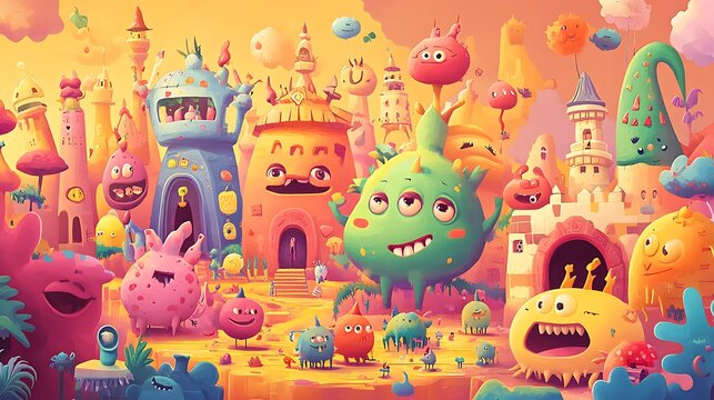 A lively cartoon illustration of whimsical characters in a colorful setting, each with unique features and playful expressions. 