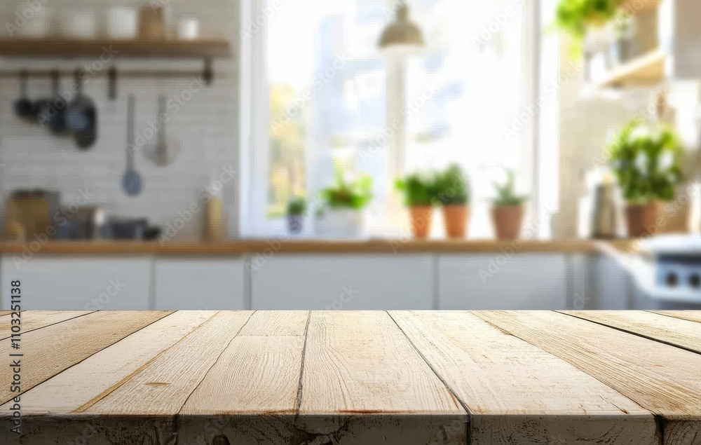 Poster empty wooden countertop with a blurred view of a modern kitchen.