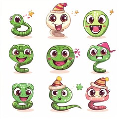 Fototapeta premium Cute cartoon snakes and fun characters with festive hats and joyful expressions