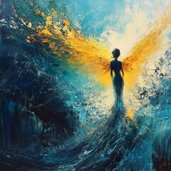 Fototapeta premium Abstract Angelic Figure in Vibrant Colors of Blue and Yellow