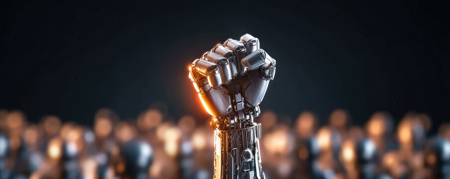 robot hand fist at riot demonstration