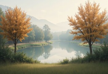 Serene Autumn Lake and Golden Trees