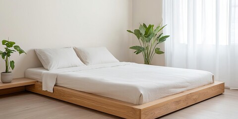 Modern Japandi bedroom with a low wooden bed, neutral linen bedding, clean lines, large window, soft natural light, and serene environment
