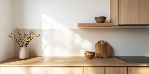 japandi interior minimalism elements concept. A modern kitchen scene featuring wooden surfaces, minimalist decor, and a vase with flowers, illuminated by natural light.