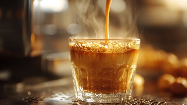 Bold and rich espresso shot being poured into a steaming ceramic cup