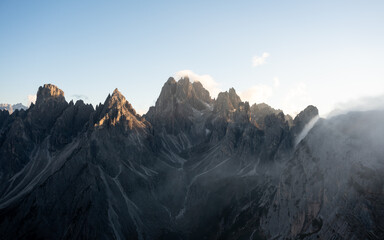 Cadini di Misurina mountains and valley below at sunset on a fall evening