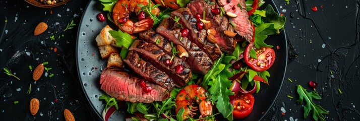 Meat-Fish Salad, Salmon Salat with Shrimps, Sliced Medium Rare Beef Steak, Lettuce, Grilled Salad