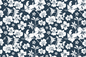 Hibiscus flower tropical seamless pattern. With orchid and lily floral abstract background. Vector illustration hand drawing. For Fabric, textiles, clothing, wallpaper, pattern print design.