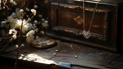 On a desk a chain hung diamond the heart necklaces