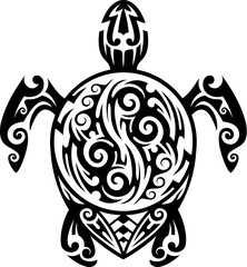 Maori tribal turtle reptile animal tattoo filled with traditional swirling patterns and black ink. Isolated vector tortoise shape reflects longevity and wisdom in cultural and oceanic significance