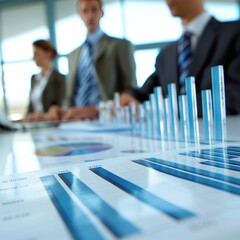 Finance team analyzing a bar chart showing profit margins over the past five years, detailed labels on each bar, sleek corporate office with a focused atmosphere